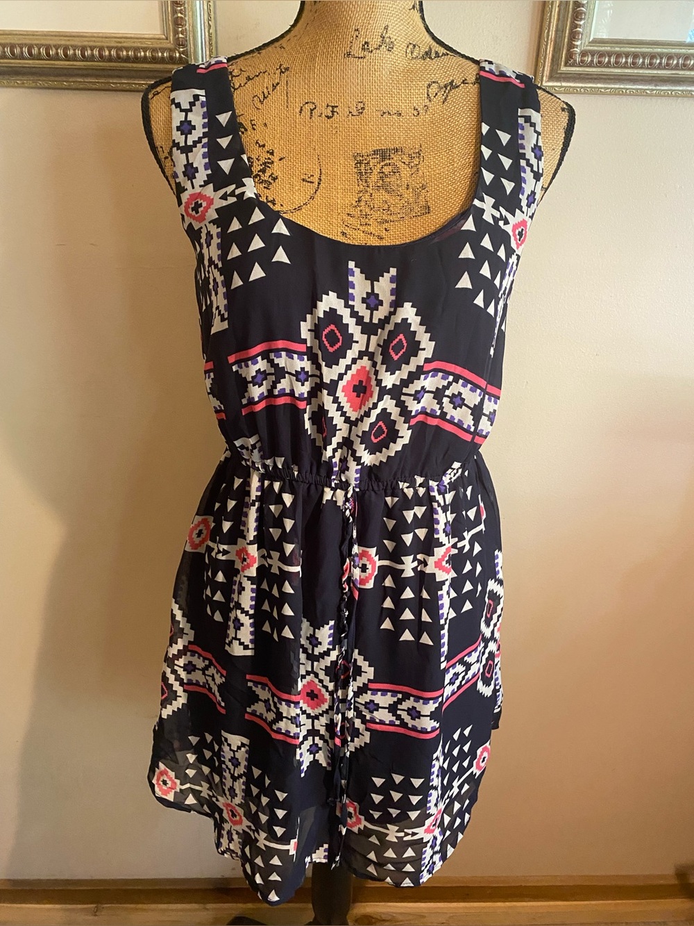 BeBop Dress Aztec Tribal Print Sleeveless Navy Boho Southwestern Summer Size M